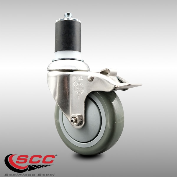 4 Inch 316SS Gray Poly Swivel 1-7/8 Inch Expanding Stem Caster Lock Brake SCC